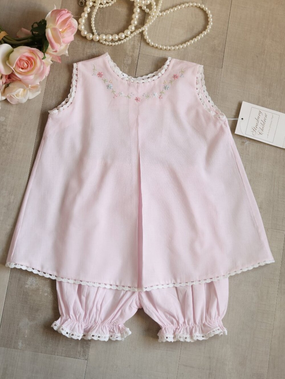 Strasburg Pink Cotton Bloomer Set 9/12 Month Embroidery Vacation Beach Portrait